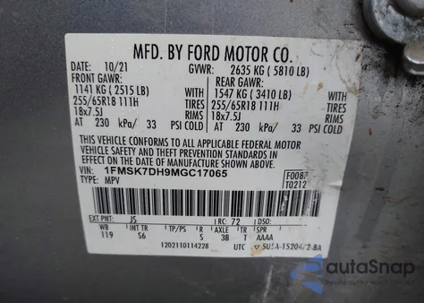 2021 Ford Explorer Xlt z USA, uszkodzony, nr VIN 1FMSK7DH9MGC17065